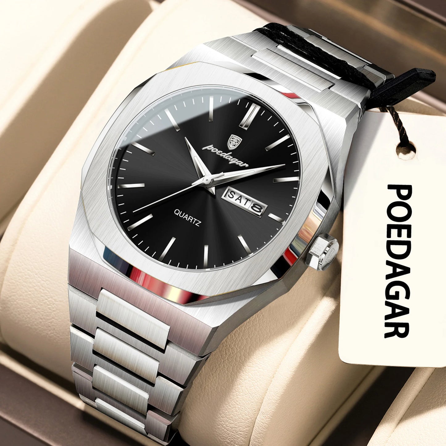POEDAGAR Business Male Wristwatch Waterproof Luminous Stainless Steel Watches For Men Date Week Quartz Fashion Men's Clock Reloj