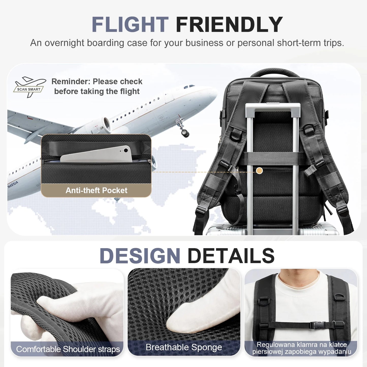 Large Travel Backpack for Men Women, Mochila De Viaje Carry on Backpack Flight Approved Luggage Laptop Backpack, Personal Item Travel Backpack Waterproof Morral De Viaje Suitcase Daypack Black