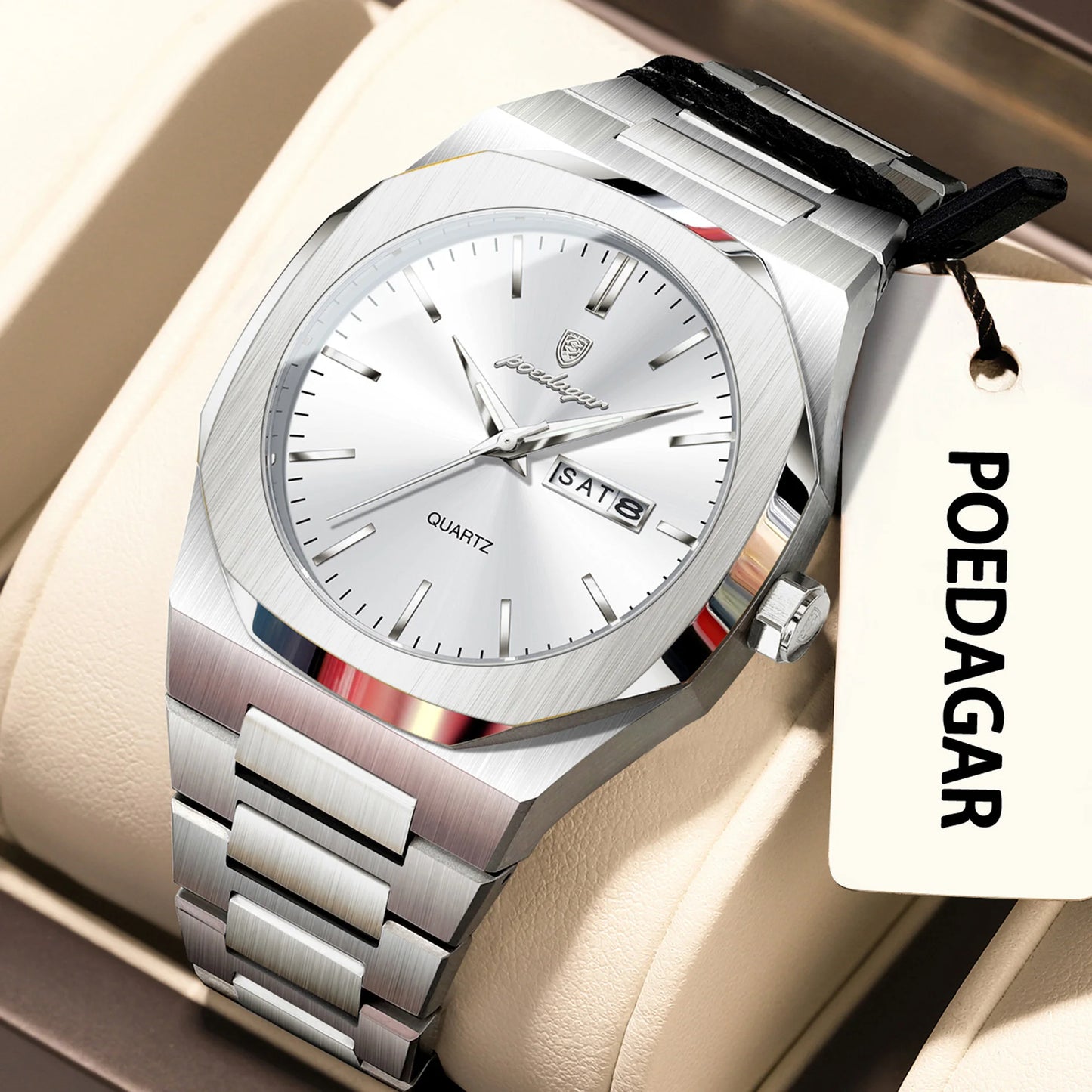POEDAGAR Business Male Wristwatch Waterproof Luminous Stainless Steel Watches For Men Date Week Quartz Fashion Men's Clock Reloj