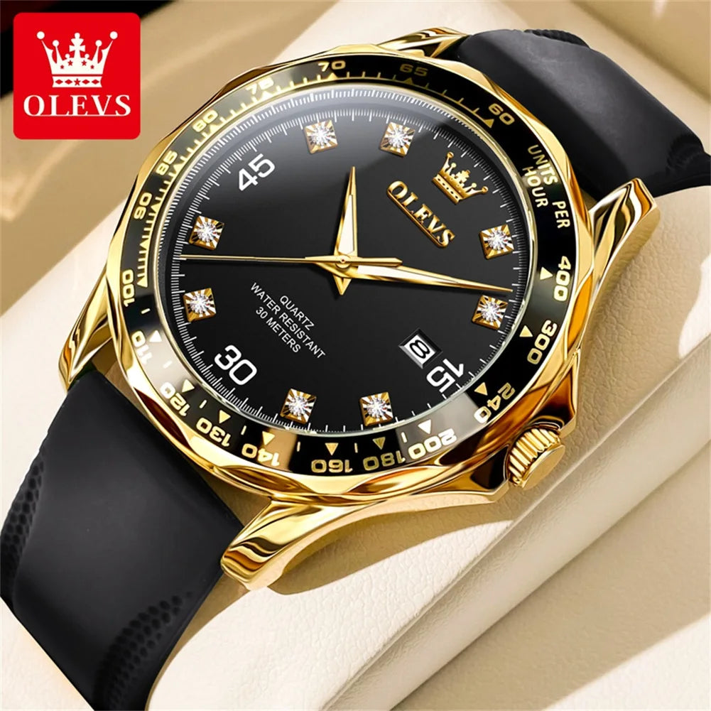 OLEVS Golden Green Quartz Watch for Men Luxury Brand Diving Waterproof Stainless steel Rubber Strap Men's Watches Original 9988