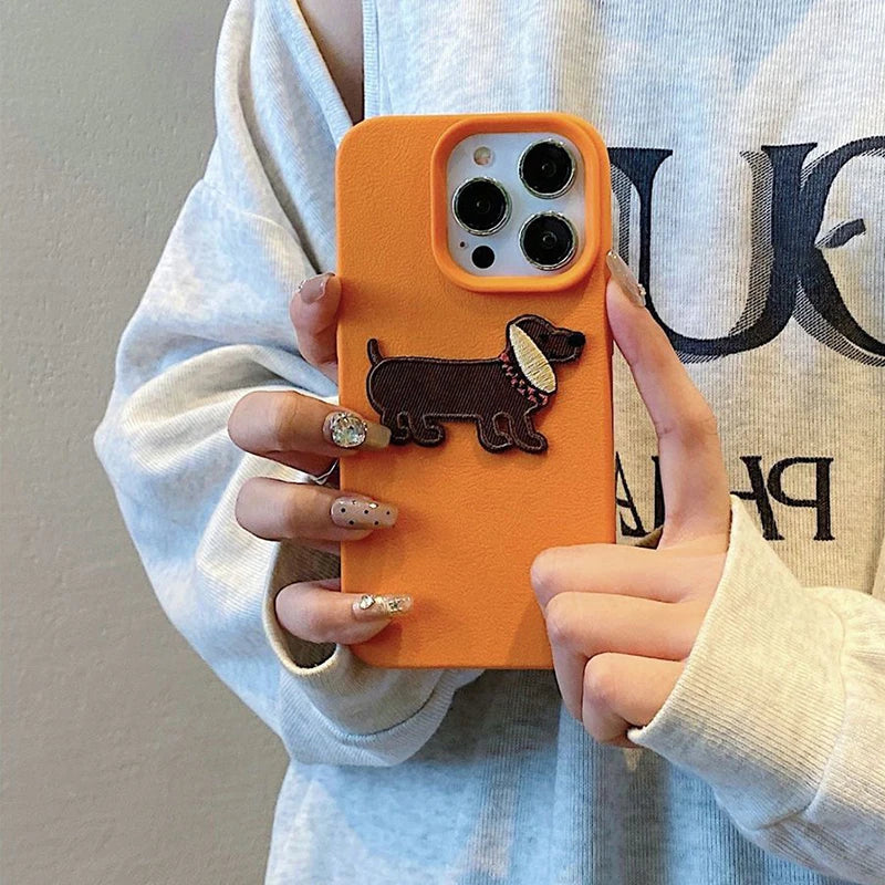 Korean Cute 3D Cartoon Embroidery Dog Phone Case For iPhone 17 16 15 14 13 11 12 Pro Max Plus Funny Puppy Leather Pattern Cover