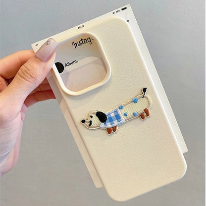 Korean Cute 3D Cartoon Embroidery Dog Phone Case For iPhone 17 16 15 14 13 11 12 Pro Max Plus Funny Puppy Leather Pattern Cover