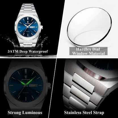 POEDAGAR Business Male Wristwatch Waterproof Luminous Stainless Steel Watches For Men Date Week Quartz Fashion Men's Clock Reloj