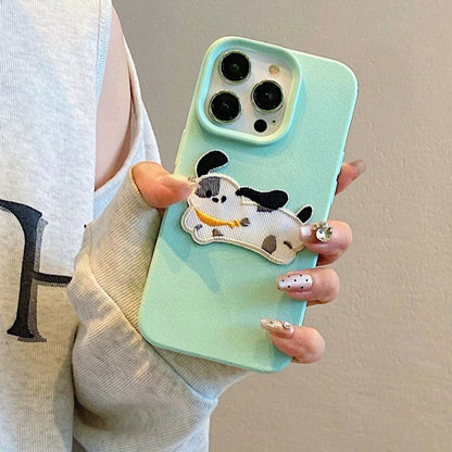 Korean Cute 3D Cartoon Embroidery Dog Phone Case For iPhone 17 16 15 14 13 11 12 Pro Max Plus Funny Puppy Leather Pattern Cover