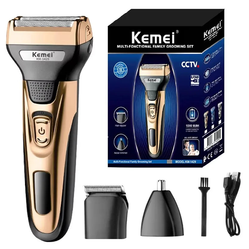 Kemei 3in1 grooming kit electric shaver for men beard hair trimmer body nose ear shaving machine face razor rechargeable