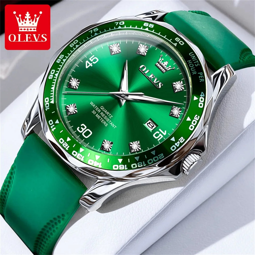 OLEVS Golden Green Quartz Watch for Men Luxury Brand Diving Waterproof Stainless steel Rubber Strap Men's Watches Original 9988