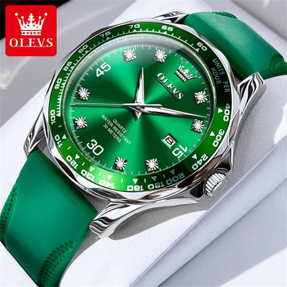 OLEVS Golden Green Quartz Watch for Men Luxury Brand Diving Waterproof Stainless steel Rubber Strap Men's Watches Original 9988