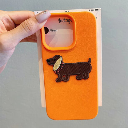 Korean Cute 3D Cartoon Embroidery Dog Phone Case For iPhone 17 16 15 14 13 11 12 Pro Max Plus Funny Puppy Leather Pattern Cover