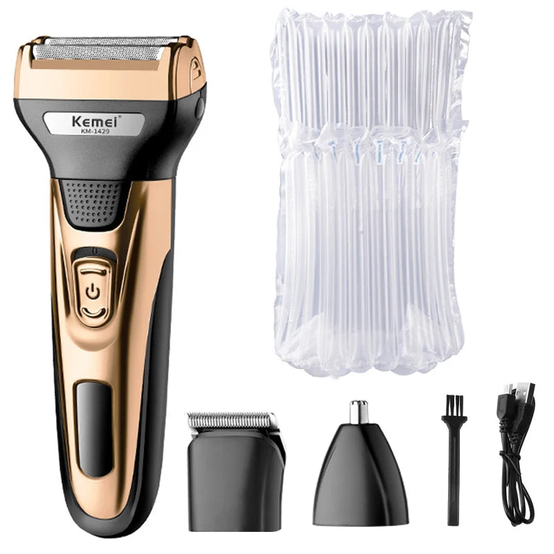 Kemei 3in1 grooming kit electric shaver for men beard hair trimmer body nose ear shaving machine face razor rechargeable