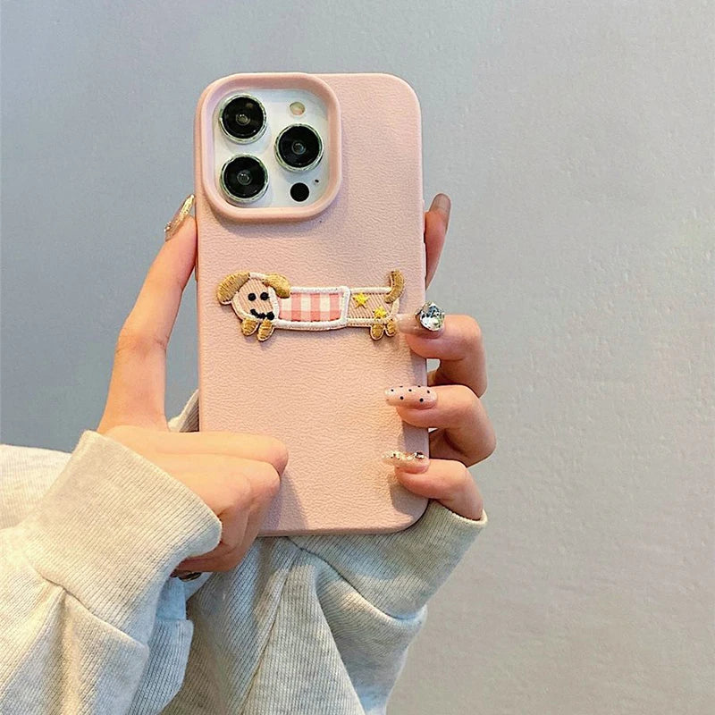 Korean Cute 3D Cartoon Embroidery Dog Phone Case For iPhone 17 16 15 14 13 11 12 Pro Max Plus Funny Puppy Leather Pattern Cover