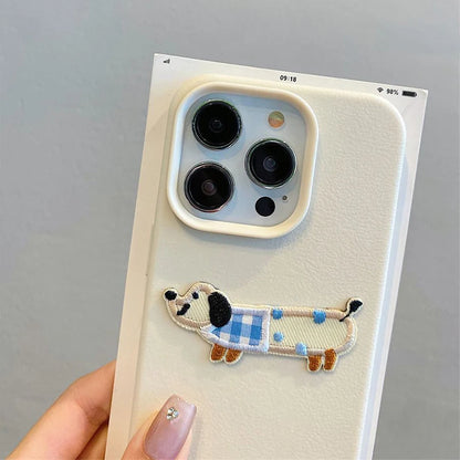 Korean Cute 3D Cartoon Embroidery Dog Phone Case For iPhone 17 16 15 14 13 11 12 Pro Max Plus Funny Puppy Leather Pattern Cover