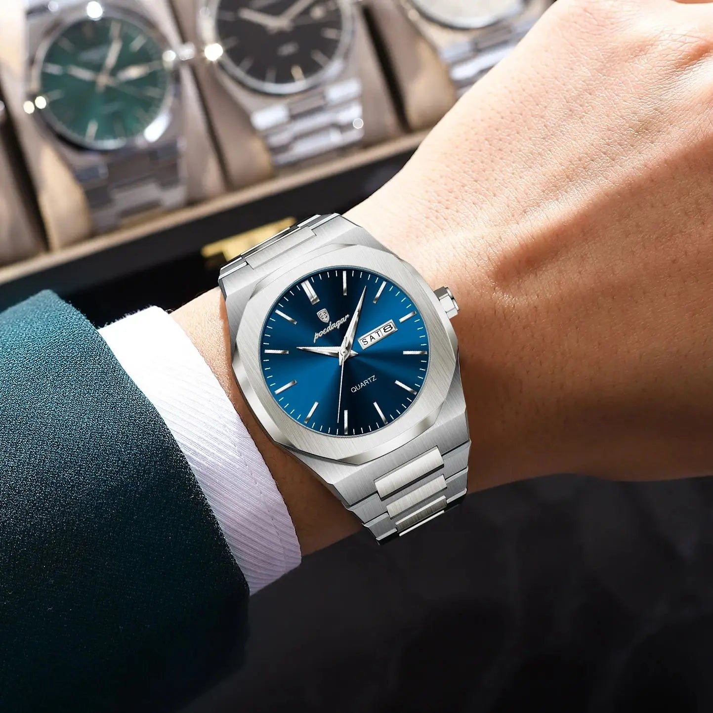 POEDAGAR Business Male Wristwatch Waterproof Luminous Stainless Steel Watches For Men Date Week Quartz Fashion Men's Clock Reloj