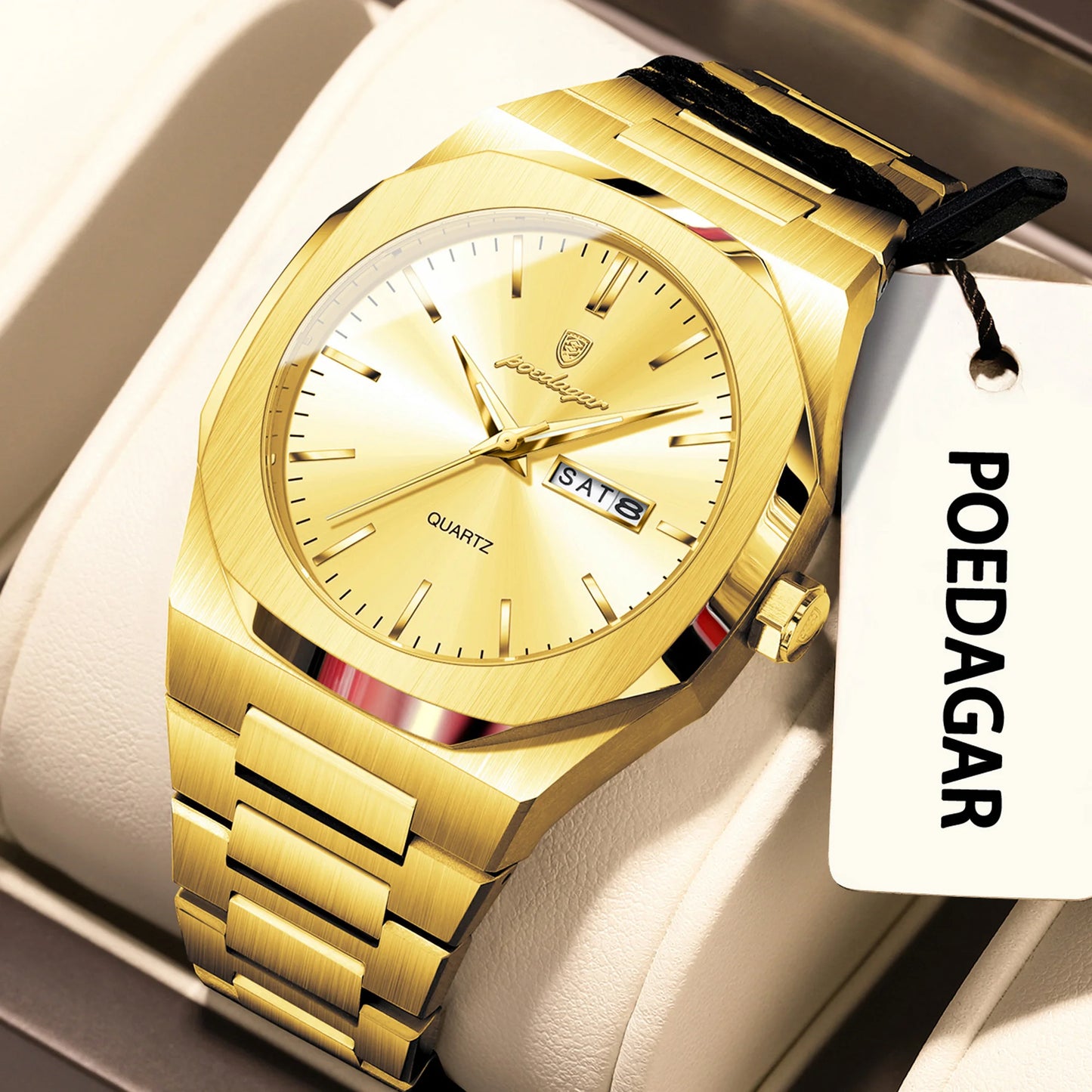 POEDAGAR Business Male Wristwatch Waterproof Luminous Stainless Steel Watches For Men Date Week Quartz Fashion Men's Clock Reloj