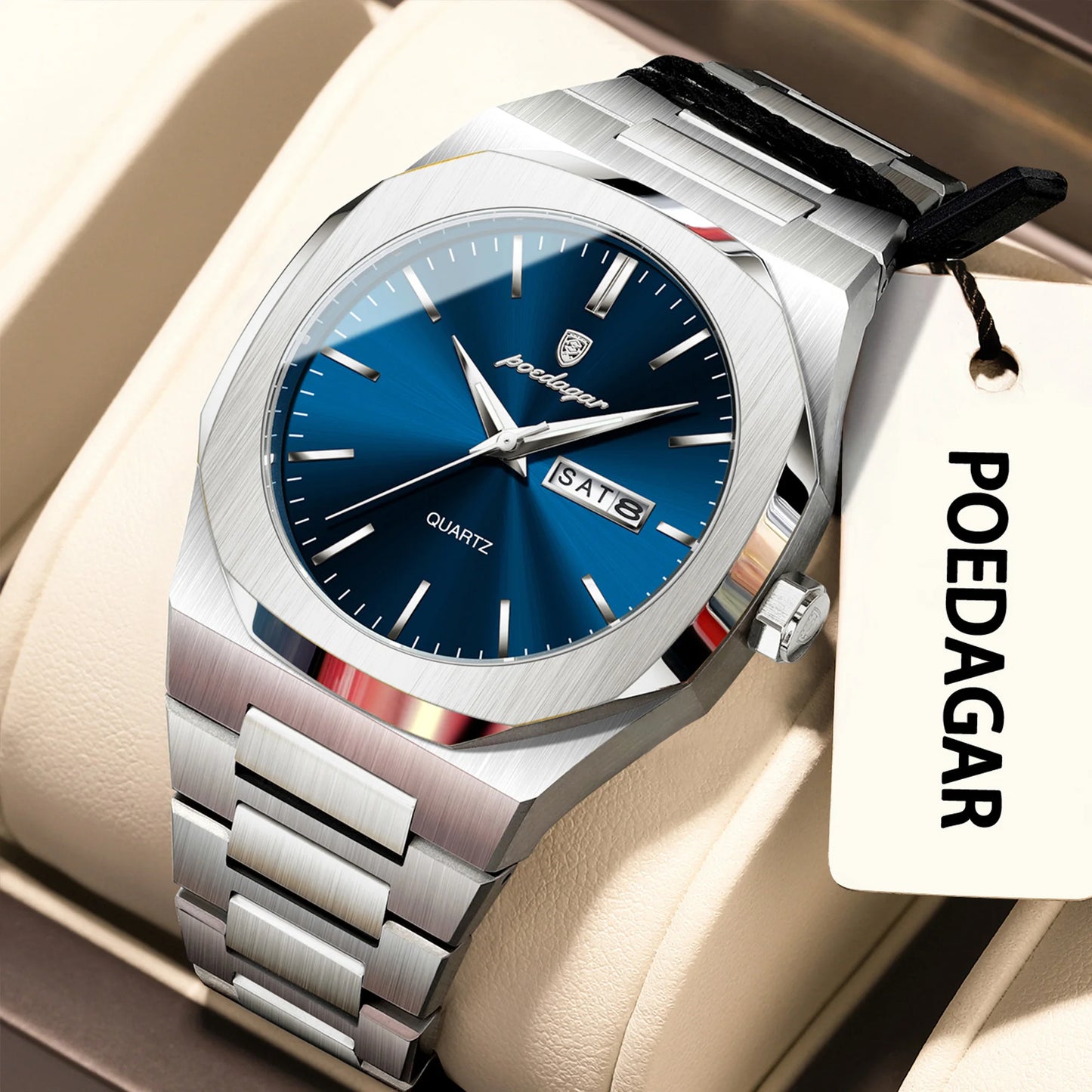 POEDAGAR Business Male Wristwatch Waterproof Luminous Stainless Steel Watches For Men Date Week Quartz Fashion Men's Clock Reloj