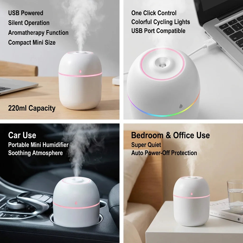 220ml Portable USB Ultrasonic Air Mini Humidifier Essential Oil Diffuser Car Purifier Aroma Anion Mist Maker