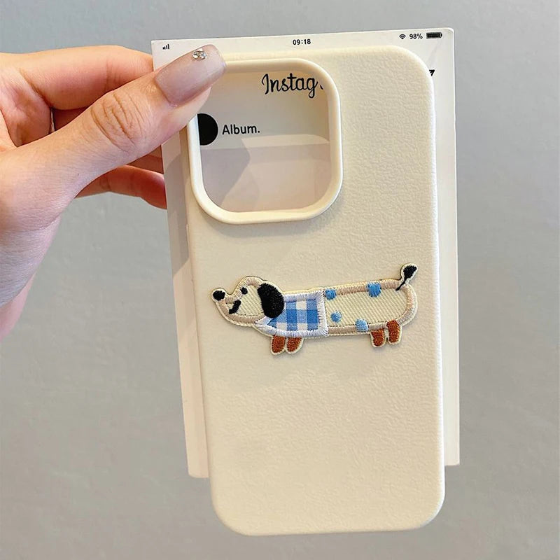 Korean Cute 3D Cartoon Embroidery Dog Phone Case For iPhone 17 16 15 14 13 11 12 Pro Max Plus Funny Puppy Leather Pattern Cover