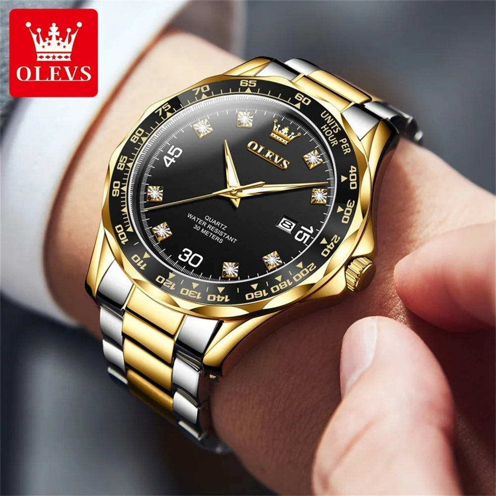 OLEVS Golden Green Quartz Watch for Men Luxury Brand Diving Waterproof Stainless steel Rubber Strap Men's Watches Original 9988