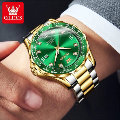 OLEVS Golden Green Quartz Watch for Men Luxury Brand Diving Waterproof Stainless steel Rubber Strap Men's Watches Original 9988