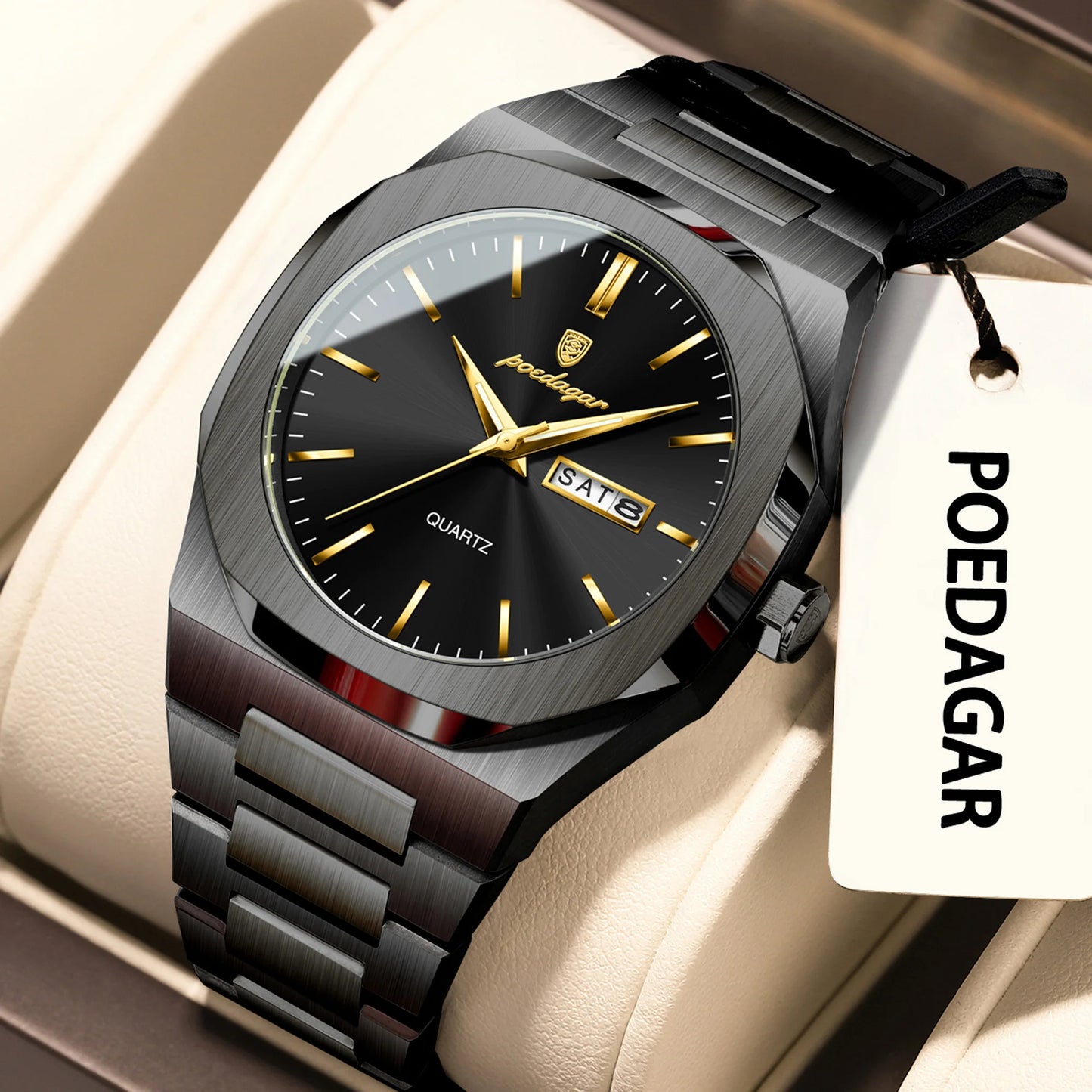 POEDAGAR Business Male Wristwatch Waterproof Luminous Stainless Steel Watches For Men Date Week Quartz Fashion Men's Clock Reloj