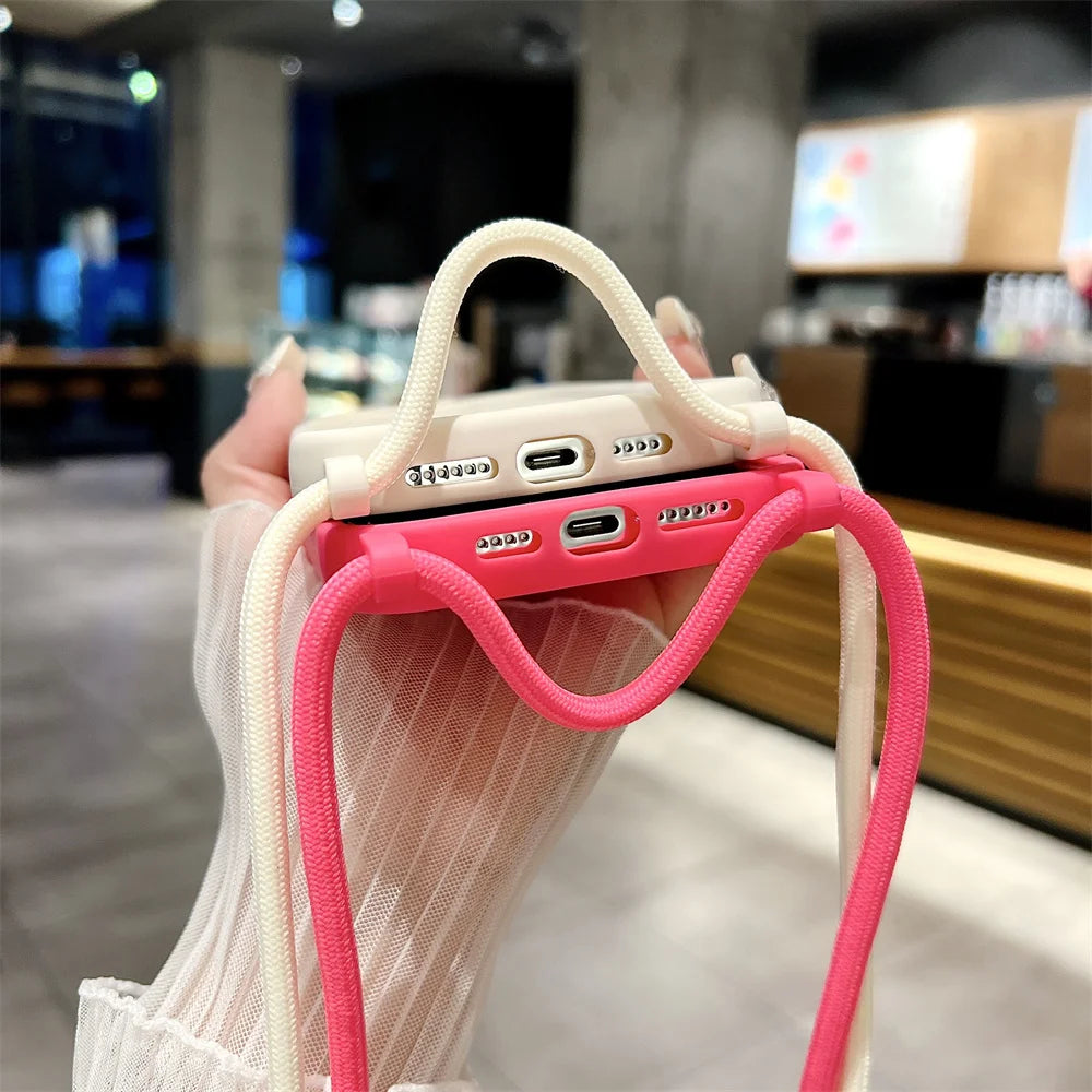 Phone Case For iPhone 14 13 15 16 Pro Max 17 Air 16E 12 11 X XS 8 Plus SE2022 Crossbody Adjustable Lanyard Strap Rope Soft Cover