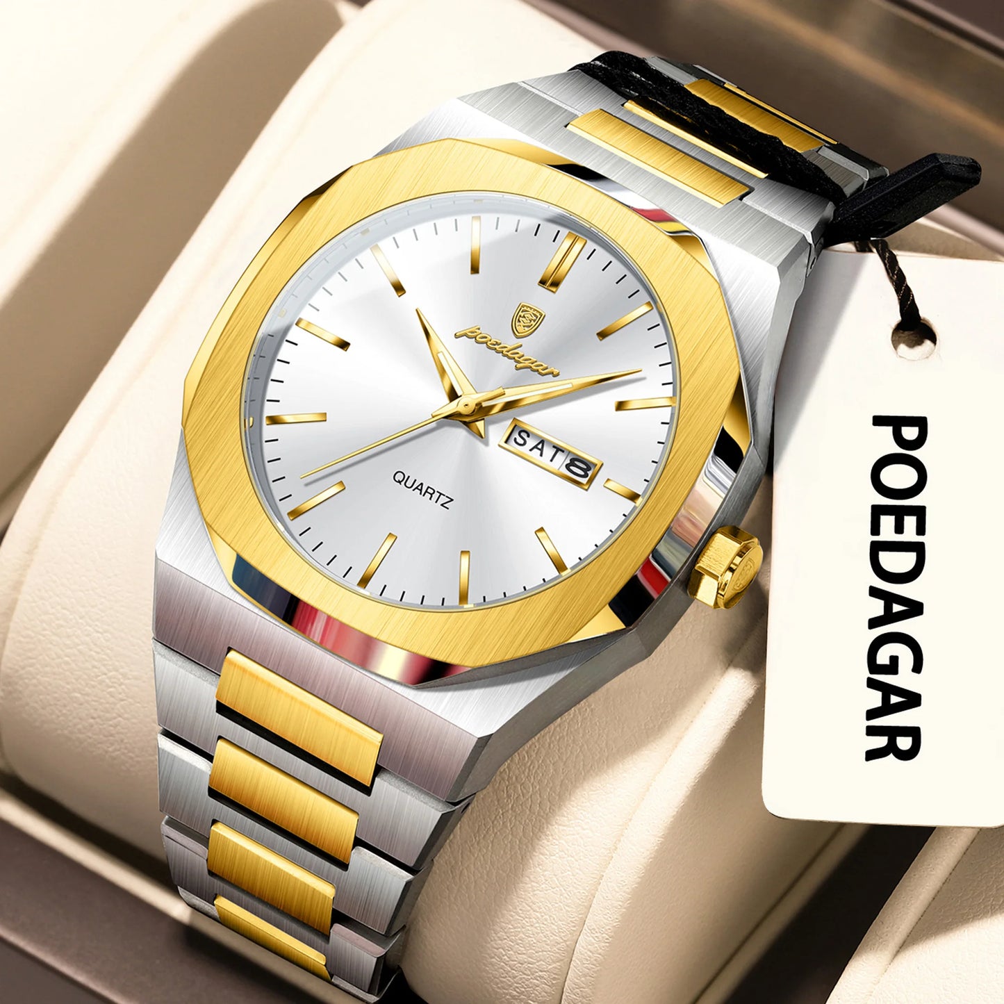POEDAGAR Business Male Wristwatch Waterproof Luminous Stainless Steel Watches For Men Date Week Quartz Fashion Men's Clock Reloj