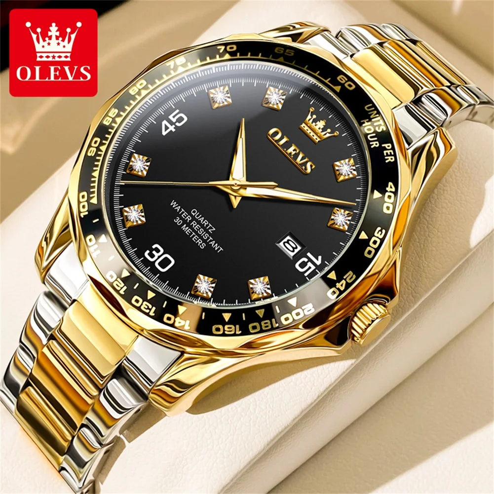 OLEVS Golden Green Quartz Watch for Men Luxury Brand Diving Waterproof Stainless steel Rubber Strap Men's Watches Original 9988
