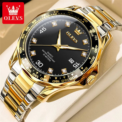 OLEVS Golden Green Quartz Watch for Men Luxury Brand Diving Waterproof Stainless steel Rubber Strap Men's Watches Original 9988