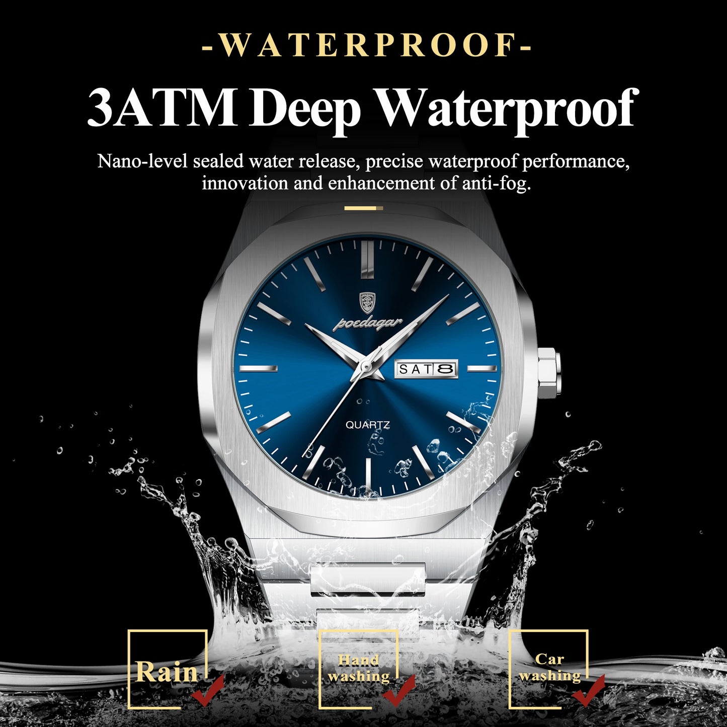 POEDAGAR Business Male Wristwatch Waterproof Luminous Stainless Steel Watches For Men Date Week Quartz Fashion Men's Clock Reloj