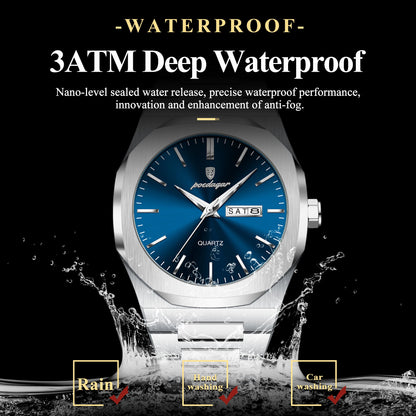 POEDAGAR Business Male Wristwatch Waterproof Luminous Stainless Steel Watches For Men Date Week Quartz Fashion Men's Clock Reloj