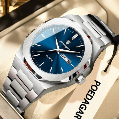 POEDAGAR Business Male Wristwatch Waterproof Luminous Stainless Steel Watches For Men Date Week Quartz Fashion Men's Clock Reloj