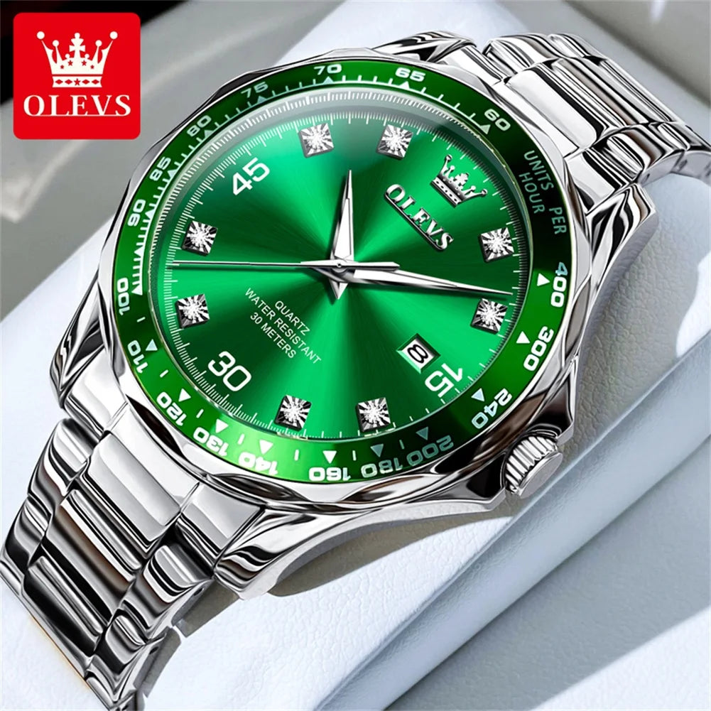 OLEVS Golden Green Quartz Watch for Men Luxury Brand Diving Waterproof Stainless steel Rubber Strap Men's Watches Original 9988