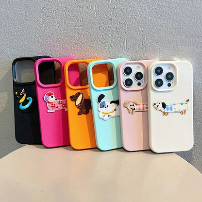 Korean Cute 3D Cartoon Embroidery Dog Phone Case For iPhone 17 16 15 14 13 11 12 Pro Max Plus Funny Puppy Leather Pattern Cover