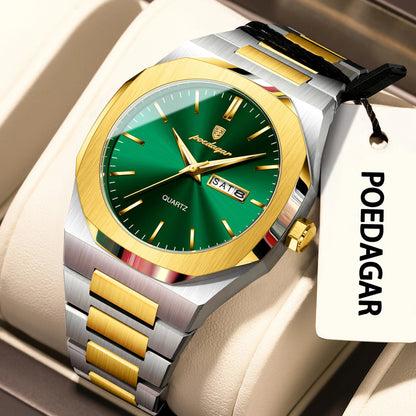 POEDAGAR Business Male Wristwatch Waterproof Luminous Stainless Steel Watches For Men Date Week Quartz Fashion Men's Clock Reloj