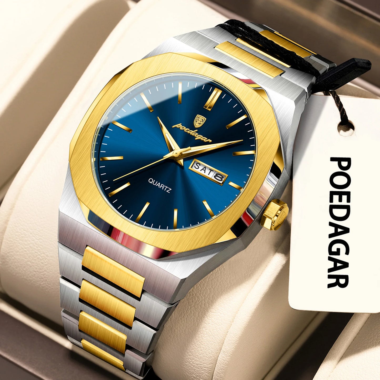 POEDAGAR Business Male Wristwatch Waterproof Luminous Stainless Steel Watches For Men Date Week Quartz Fashion Men's Clock Reloj