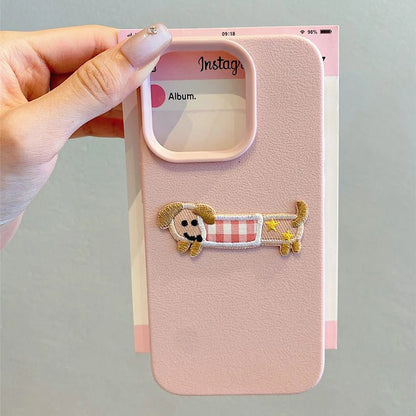 Korean Cute 3D Cartoon Embroidery Dog Phone Case For iPhone 17 16 15 14 13 11 12 Pro Max Plus Funny Puppy Leather Pattern Cover