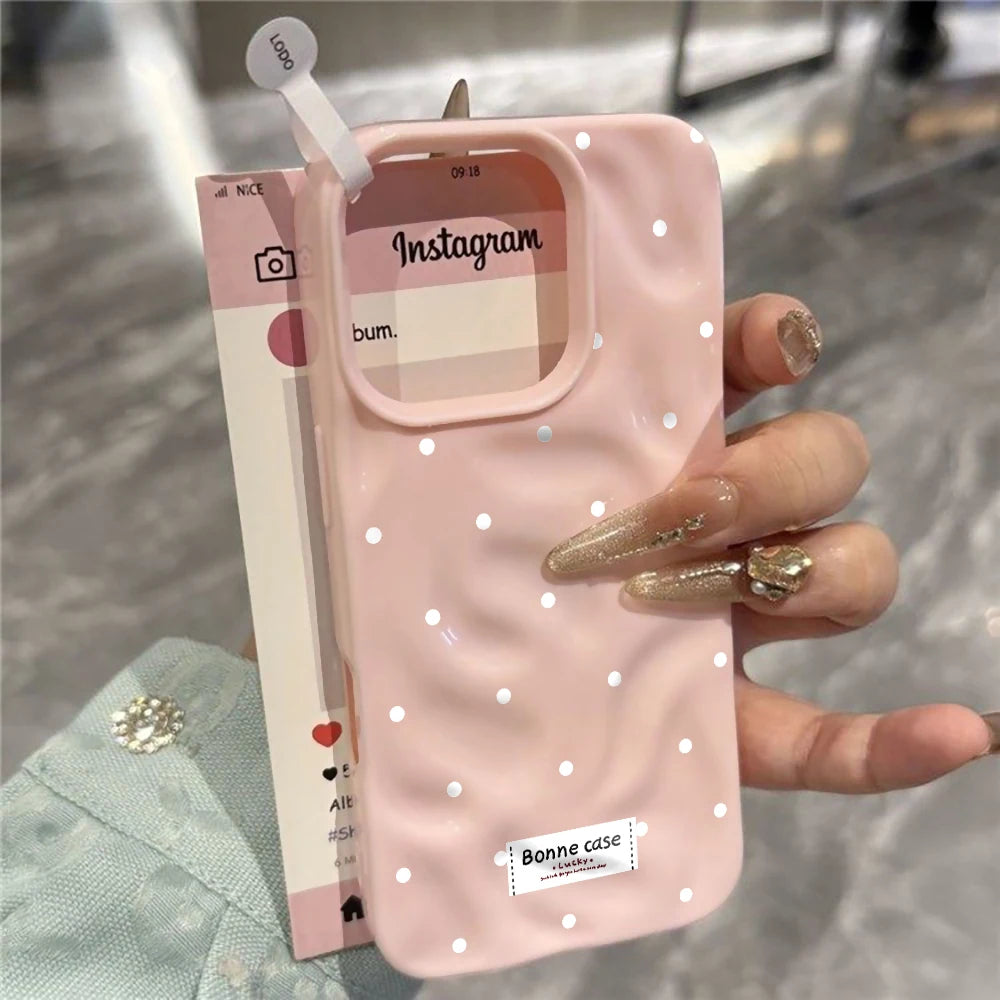 Couples Polka Dots Korean Phone Case For iPhone 17 16 15 14 13 12 11 Pro Max 13 14 15 Plus 17 Air Wrinkle Wave Silicone Cover