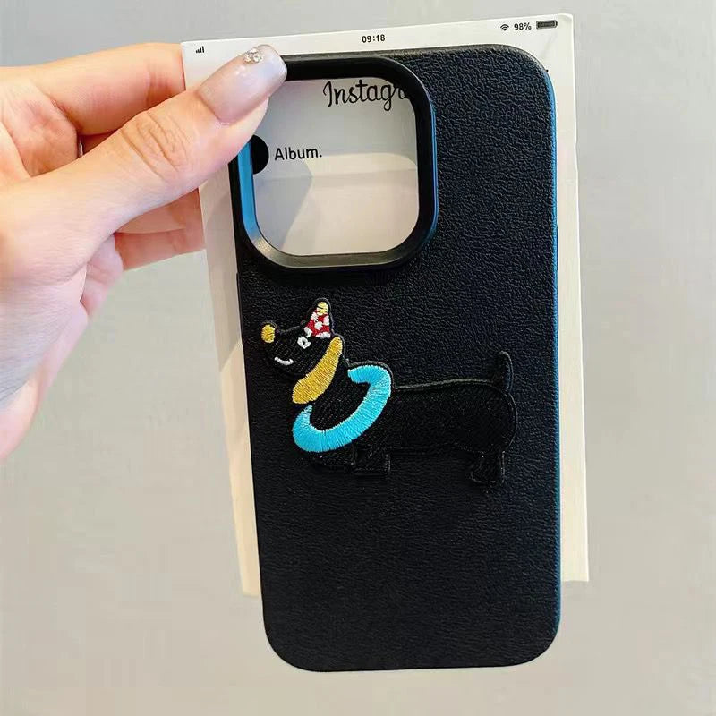 Korean Cute 3D Cartoon Embroidery Dog Phone Case For iPhone 17 16 15 14 13 11 12 Pro Max Plus Funny Puppy Leather Pattern Cover
