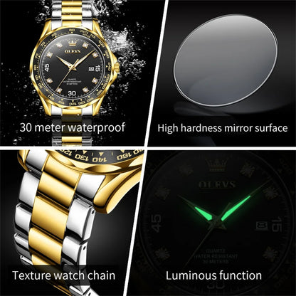 OLEVS Golden Green Quartz Watch for Men Luxury Brand Diving Waterproof Stainless steel Rubber Strap Men's Watches Original 9988
