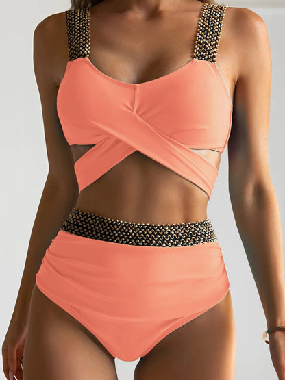 2026 New Sexy Cross High Waist Bikini Set Push Up Swimwear Women Swimsuit Female Flash Patchwork Bathing Suits Beachwear Bathers