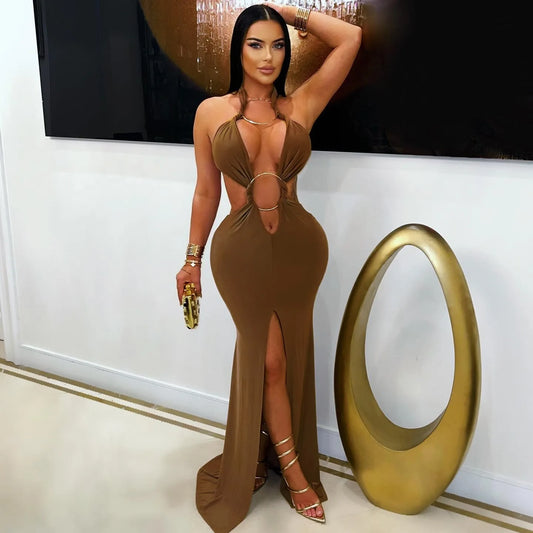 Beyprern New Chic Halter V Neck O Rings Long Maxi Dress Glam Women Sexy Backless Ruched High Slit Party Dresses Birthday Outfits