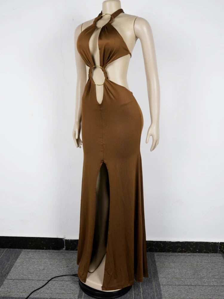 Beyprern New Chic Halter V Neck O Rings Long Maxi Dress Glam Women Sexy Backless Ruched High Slit Party Dresses Birthday Outfits