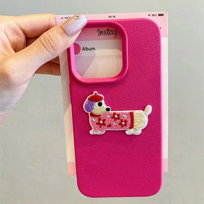 Korean Cute 3D Cartoon Embroidery Dog Phone Case For iPhone 17 16 15 14 13 11 12 Pro Max Plus Funny Puppy Leather Pattern Cover