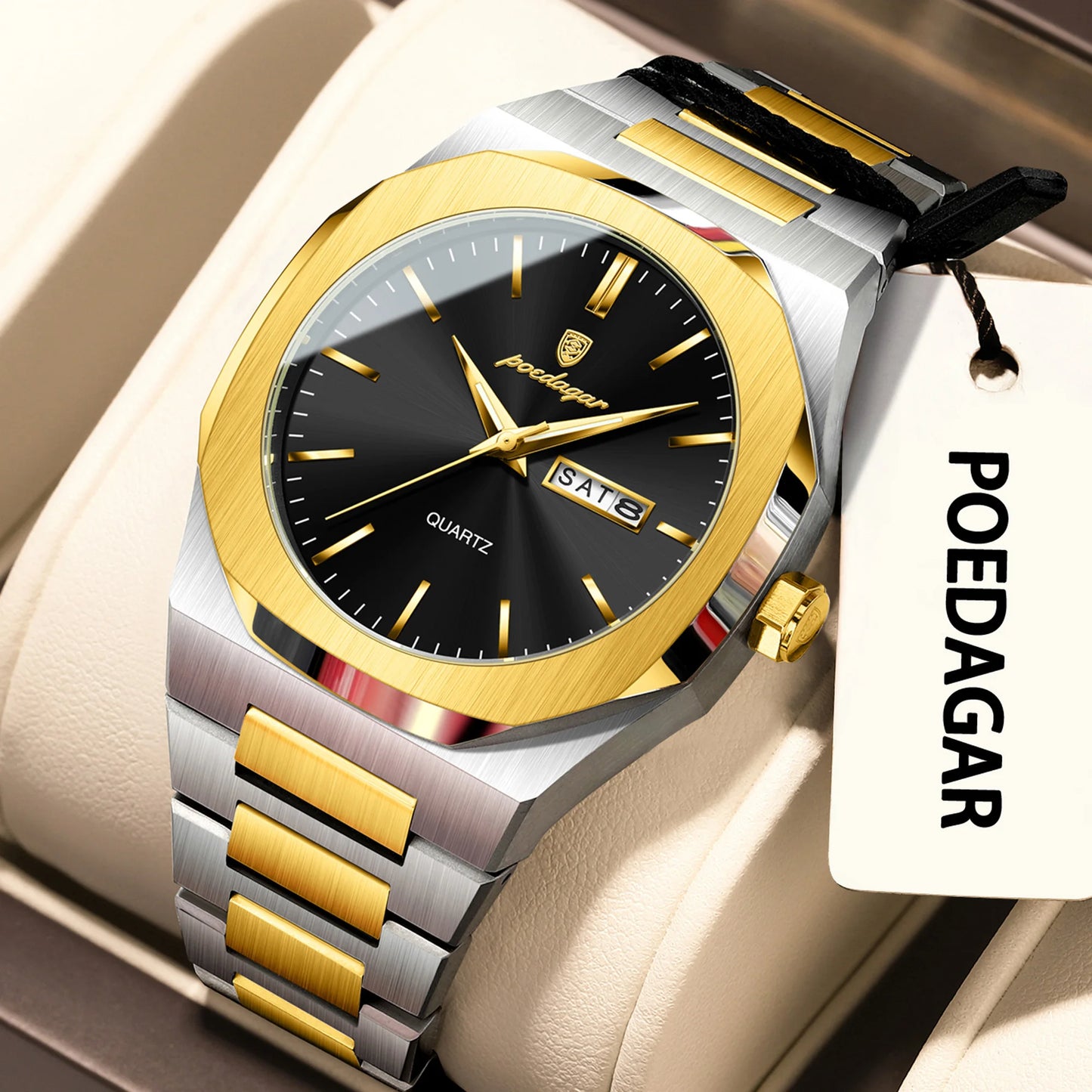 POEDAGAR Business Male Wristwatch Waterproof Luminous Stainless Steel Watches For Men Date Week Quartz Fashion Men's Clock Reloj
