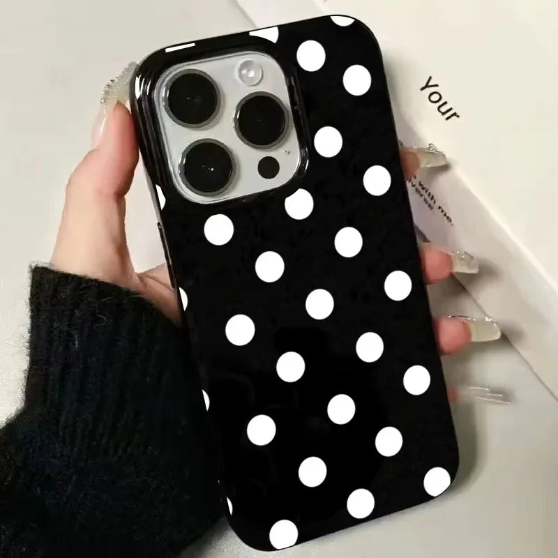 Fashionable Polka Dots Printed Black Phone Case For iPhone 16 17 Pro 15 14 13 12 11 Pro Max 7 8 Plus 16E Shockproof Soft Cover