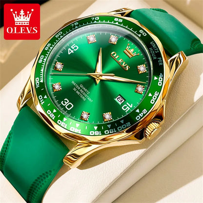 OLEVS Golden Green Quartz Watch for Men Luxury Brand Diving Waterproof Stainless steel Rubber Strap Men's Watches Original 9988