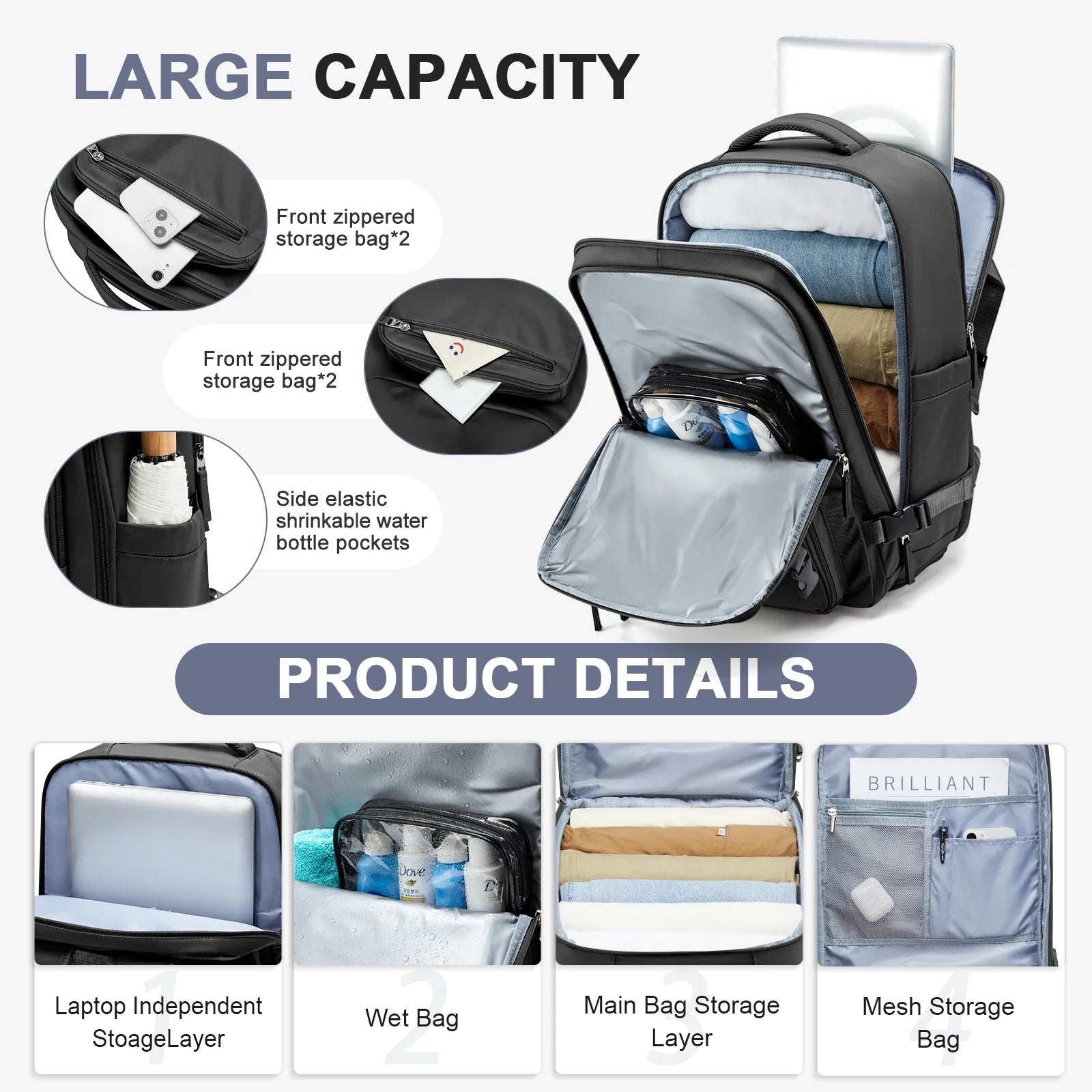 Large Travel Backpack for Men Women, Mochila De Viaje Carry on Backpack Flight Approved Luggage Laptop Backpack, Personal Item Travel Backpack Waterproof Morral De Viaje Suitcase Daypack Black